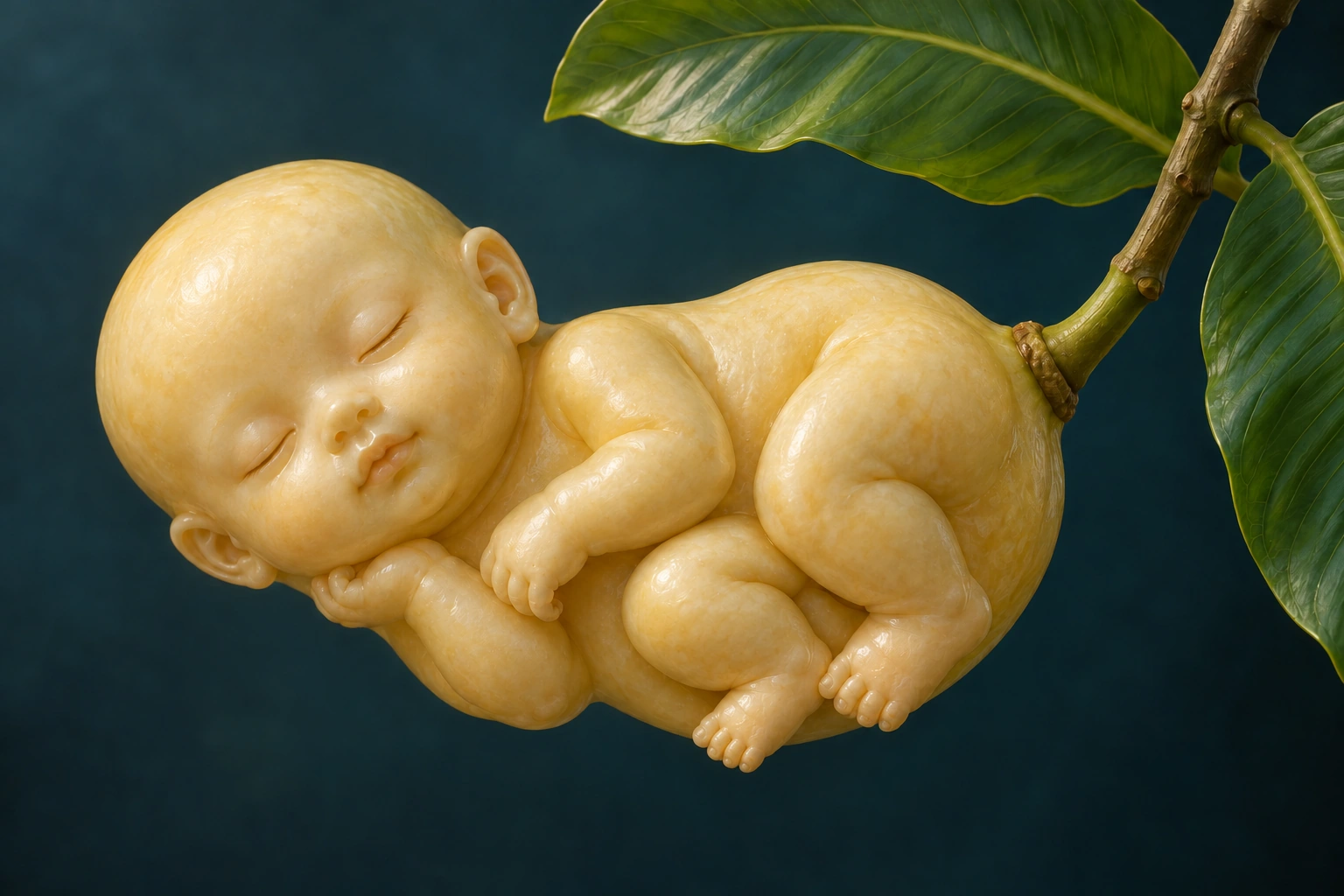 人参果教学示意：初生婴孩般的果实，具有双臂双腿和五官，尾端果蒂连接树枝