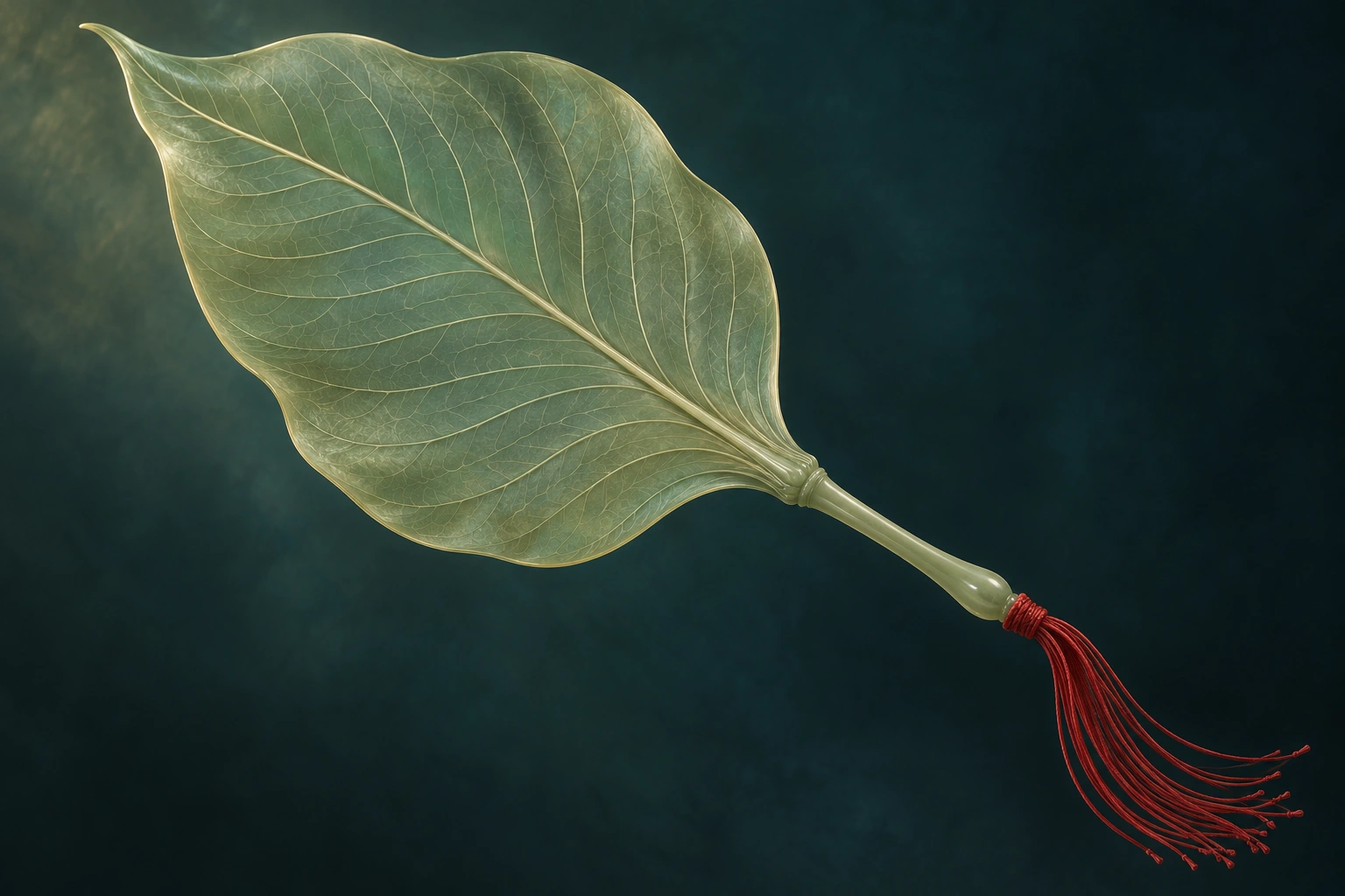 芭蕉扇教学示意：一件叶状灵宝，扇柄上系有多缕红丝，不是羽毛扇