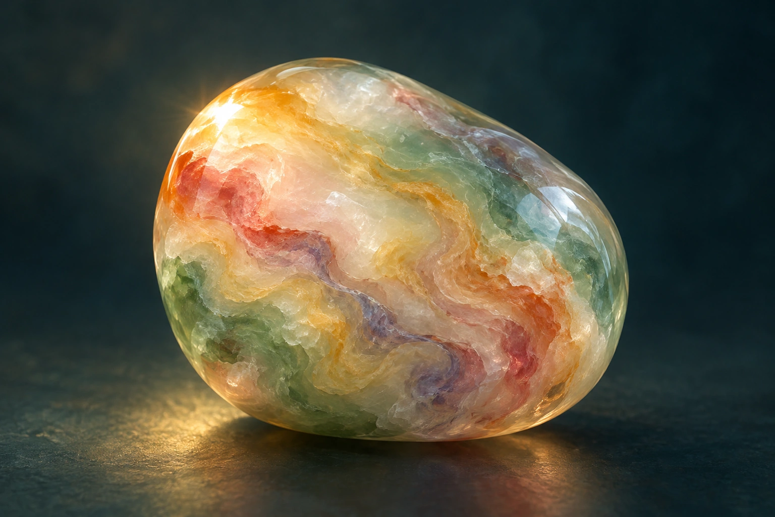 通灵宝玉材质示意：有霞光般光泽与多色花纹的小玉石，画面作了放大