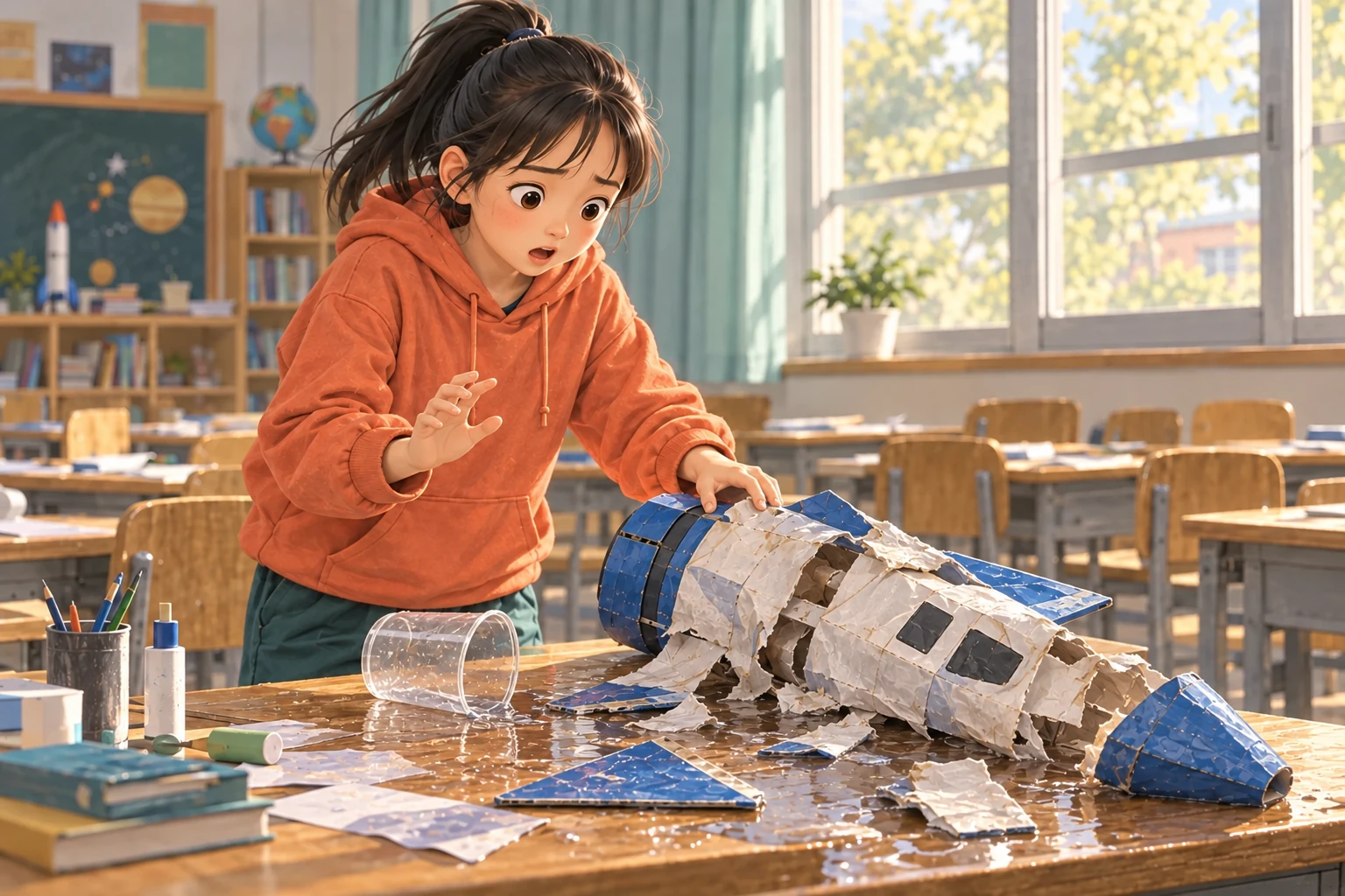 小禾的手碰着飞船尾部，旁边的水杯已翻倒，积水浸坏船身，船头和多片纸翼散开，她吃惊地看着